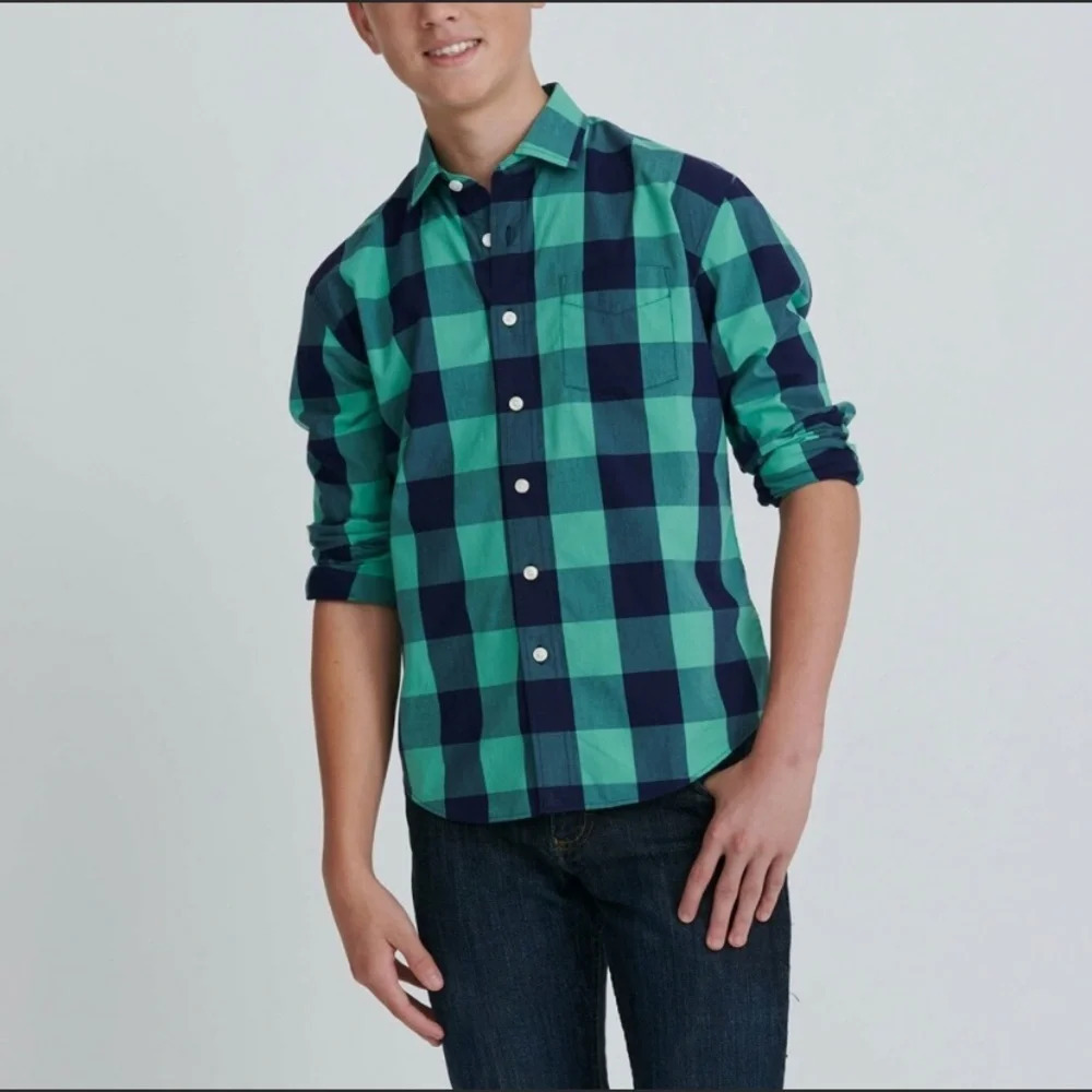 UNTUCKit Green Navy Buffalo Check Long Sleeve Button-Up Shirt Plaid Family Photo
